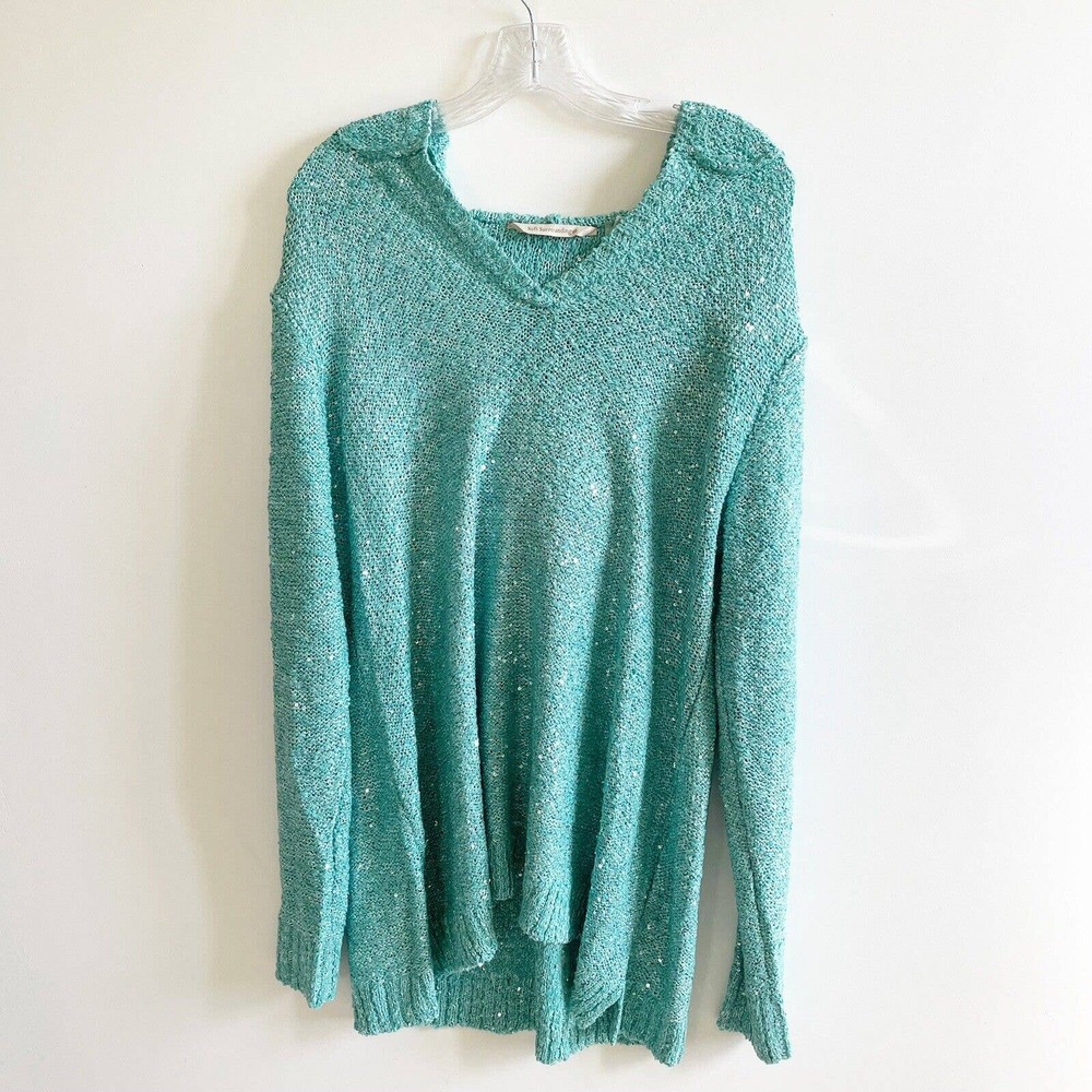 Soft Surroundings Aqua Sequin Metallic Shimmer Ribbed Hood Sweater